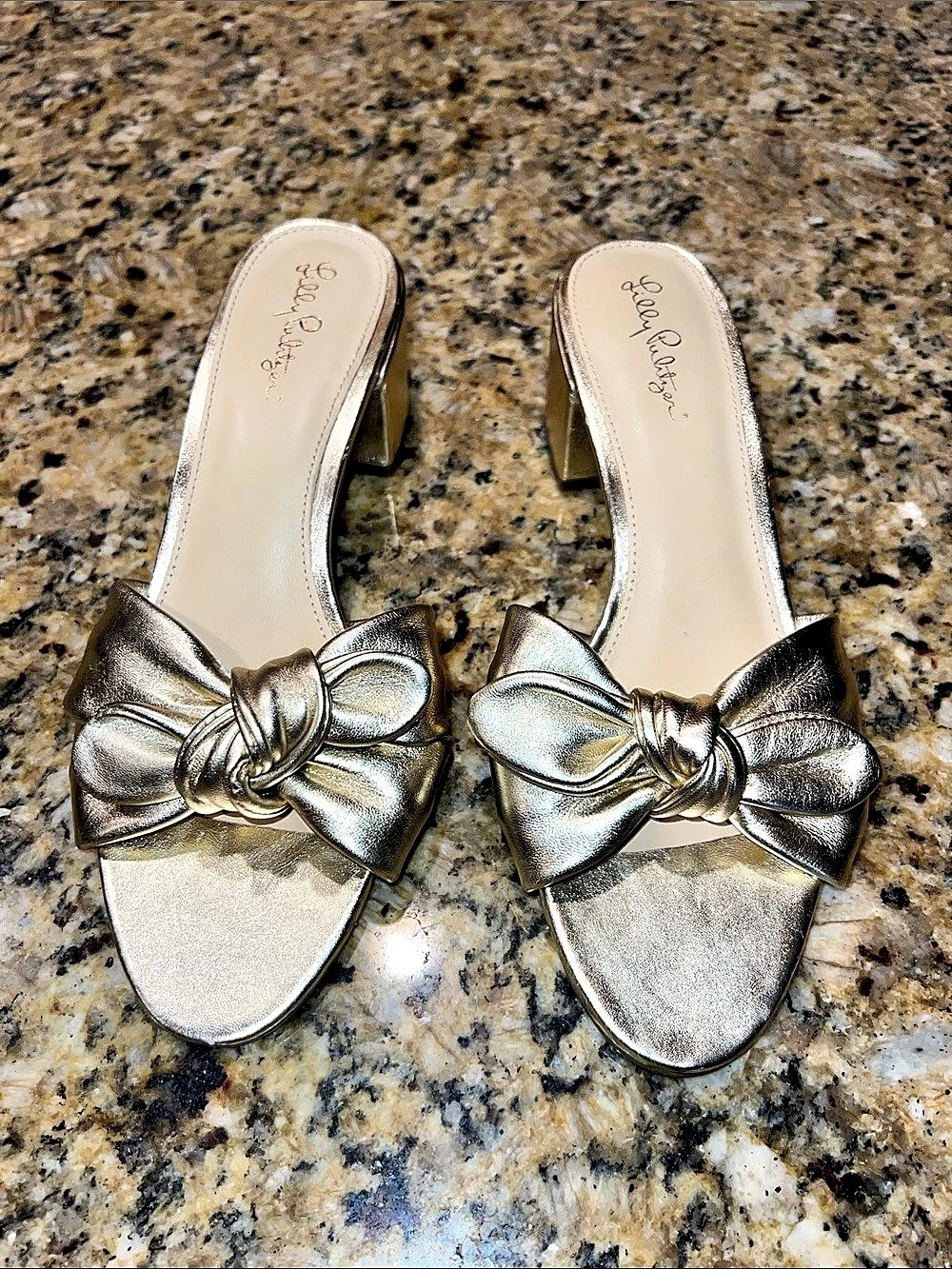 Lilly Pulitzer Jessy Sandal Metallic Bow Block Heel Mules Gold
